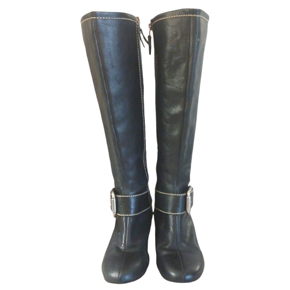 Fossil Black Leather Knee High Wedge Boot Size 8 - Picture 3 of 15